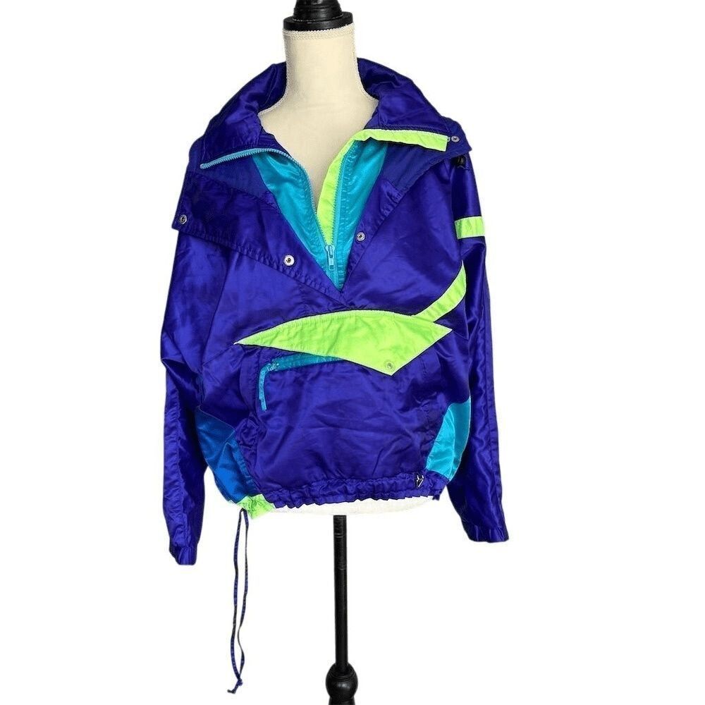 Vintage Obermeyer Women's Blue and Purple Windbreaker Jacket Size 8 80s Sports